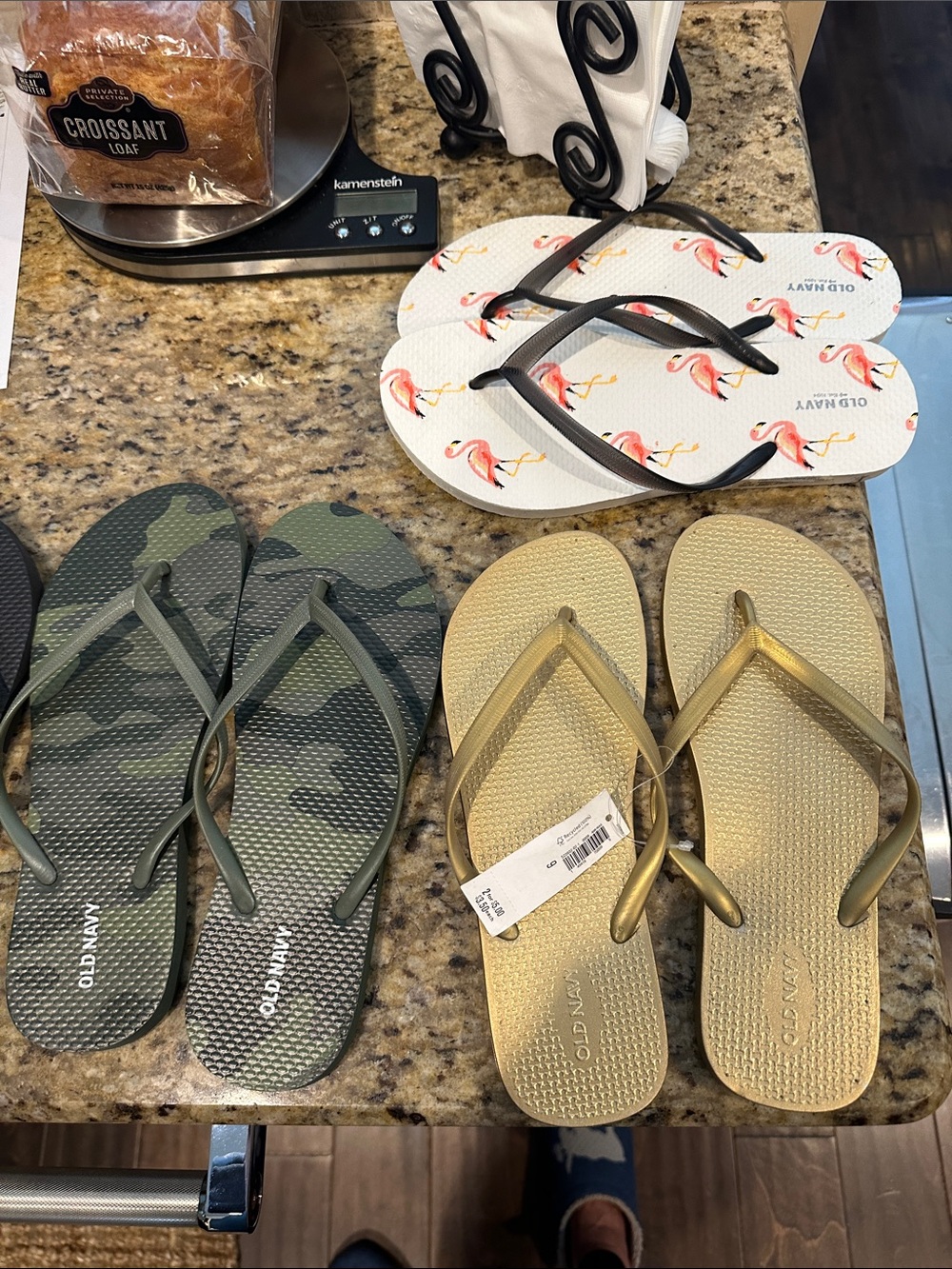 Old Navy Flip Flop Trio - White Flamingo, Olive Camo, Gold